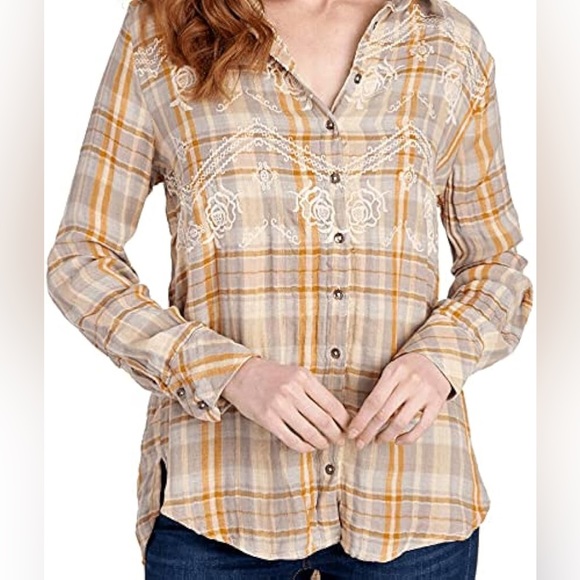 Free People Magical Plaid Button Top Blouse Shirt Yellow Floral Embroidered - Picture 2 of 12